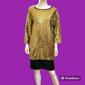 Vtg KATHLEEN USHERWOOD 1970s Gold Sequin Disco Party Holiday Micro Dress